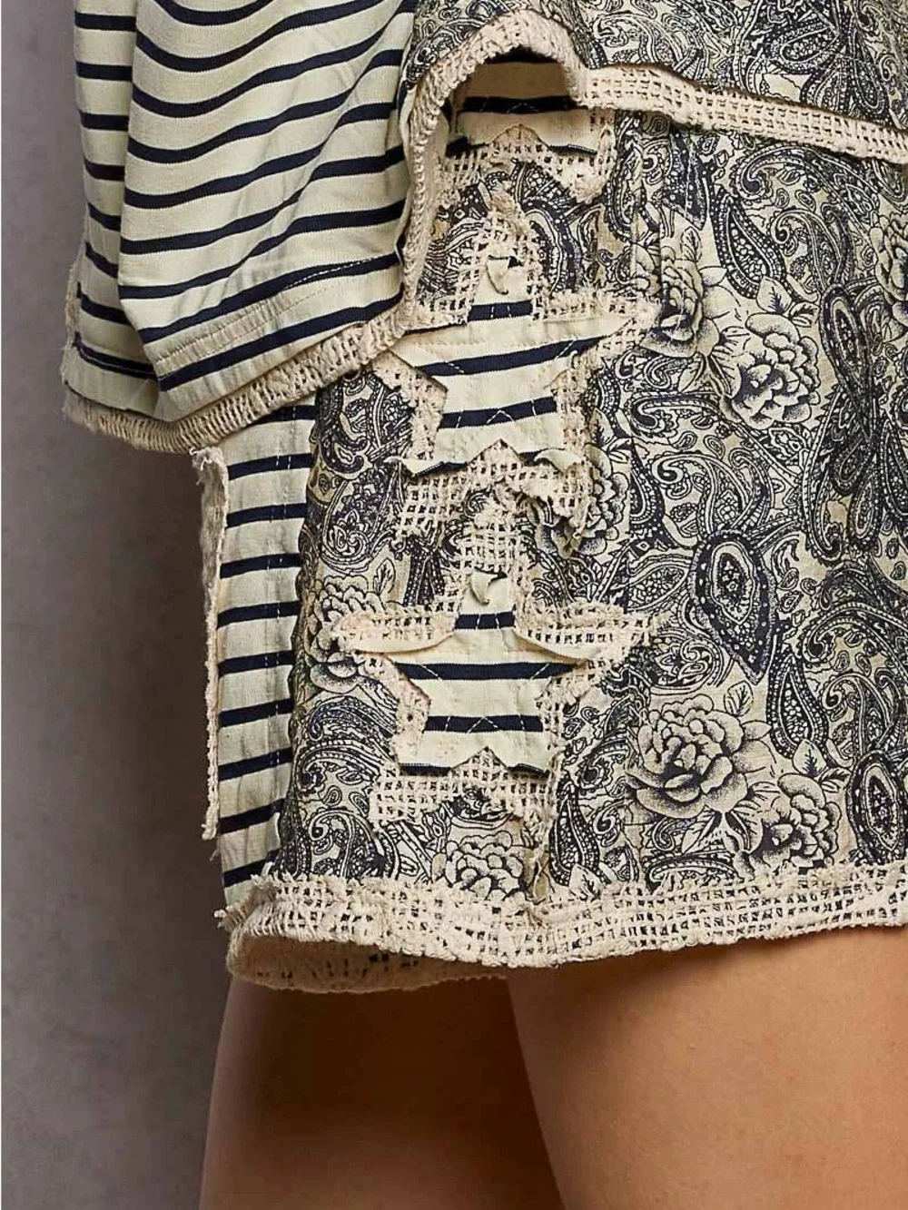 Paisley Crochet Patch Stripe Short Pants